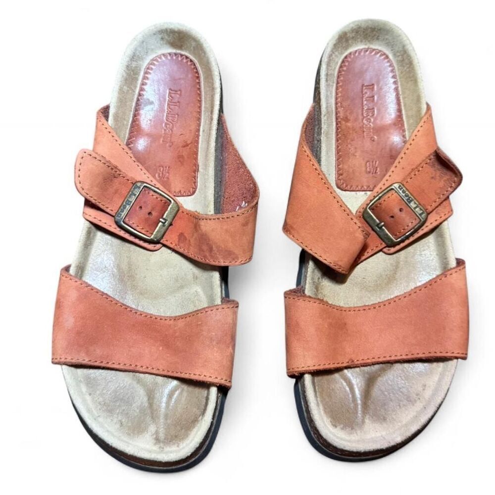 L.L. Bean Leather 2-Strap Slide Sandals Women’s Size 8.5 Brown Cork Comfort